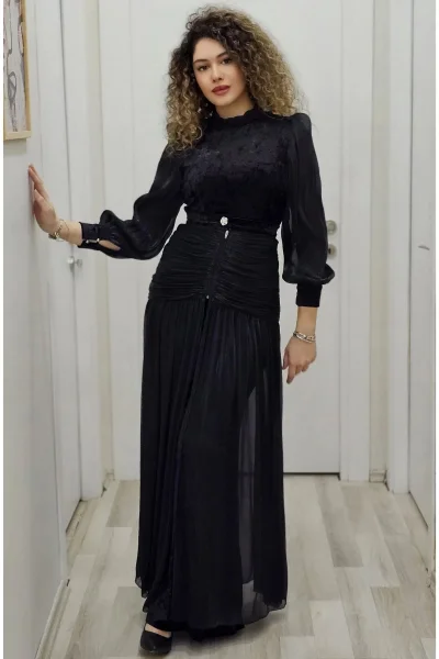 Çiçek Detaylı Çıkarılabilir Etekli Kadife Abiye 2752-Siyah