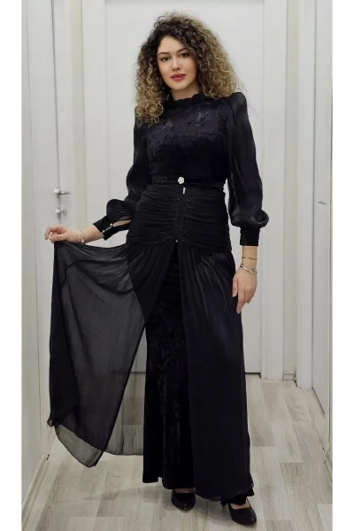 Çiçek Detaylı Çıkarılabilir Etekli Kadife Abiye 2752-Siyah