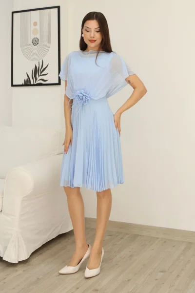 Çiçek Detaylı Piliseli Elbise 2378-Bebe Mavisi