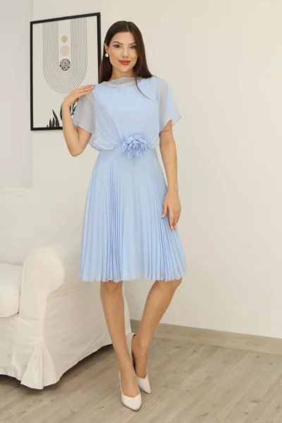 Çiçek Detaylı Piliseli Elbise 2378-Bebe Mavisi