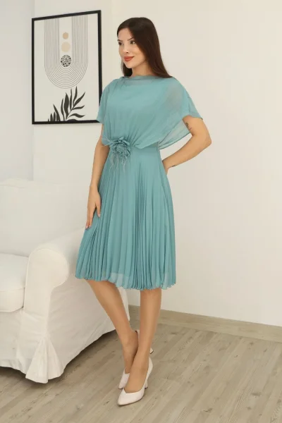 Çiçek Detaylı Piliseli Elbise 2378-Çağla Yeşili