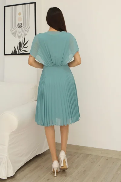 Çiçek Detaylı Piliseli Elbise 2378-Çağla Yeşili