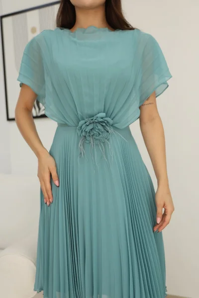 Çiçek Detaylı Piliseli Elbise 2378-Çağla Yeşili