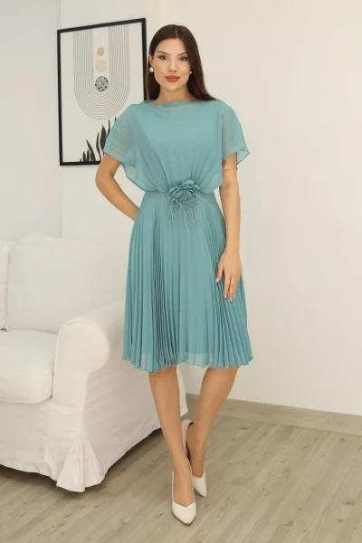 Çiçek Detaylı Piliseli Elbise 2378-Çağla Yeşili