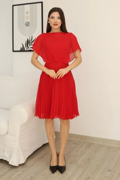 Çiçek Detaylı Piliseli Elbise 2378-Kırmızı