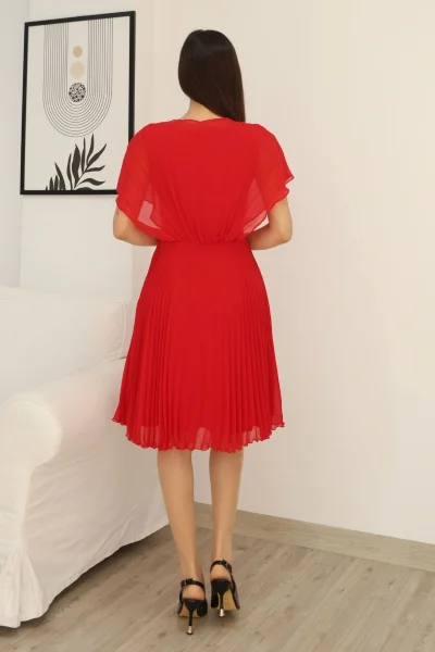 Çiçek Detaylı Piliseli Elbise 2378-Kırmızı