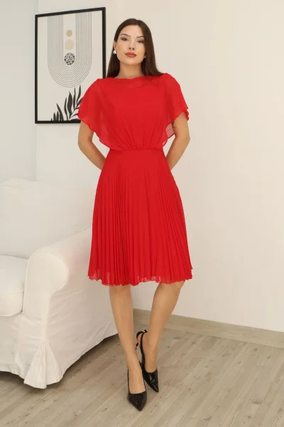 Çiçek Detaylı Piliseli Elbise 2378-Kırmızı