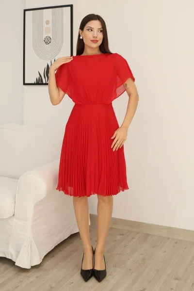 Çiçek Detaylı Piliseli Elbise 2378-Kırmızı