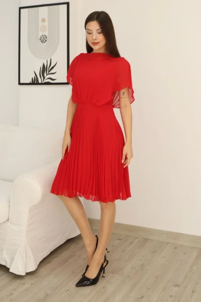 Çiçek Detaylı Piliseli Elbise 2378-Kırmızı