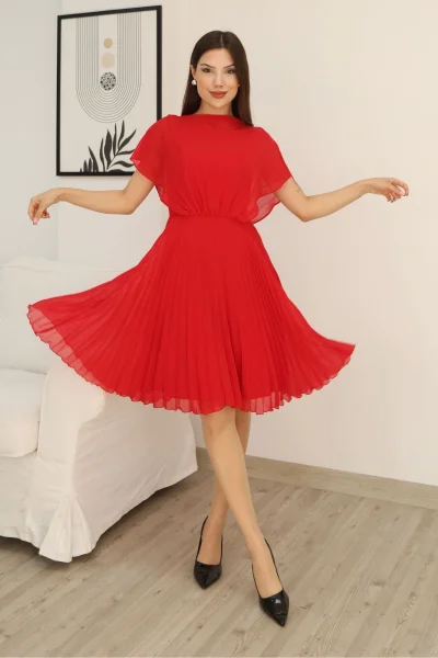 Çiçek Detaylı Piliseli Elbise 2378-Kırmızı