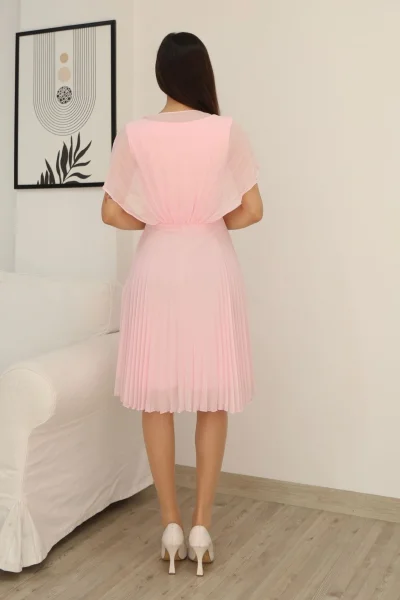 Çiçek Detaylı Piliseli Elbise 2378-Pudra