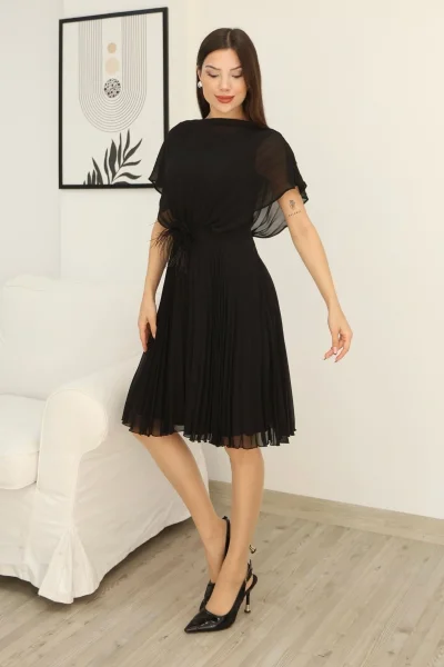 Çiçek Detaylı Piliseli Elbise 2378-Siyah