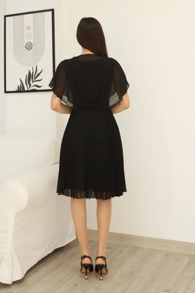 Çiçek Detaylı Piliseli Elbise 2378-Siyah