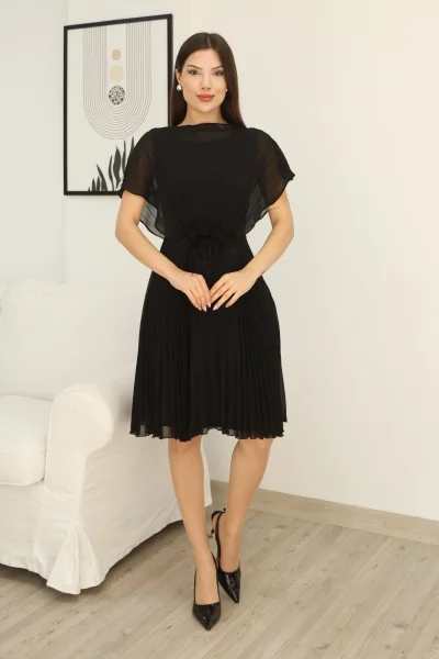 Çiçek Detaylı Piliseli Elbise 2378-Siyah