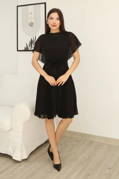 Çiçek Detaylı Piliseli Elbise 2378-Siyah