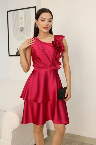 Çiçek Detaylı Saten Elbise 2371-Fuşya