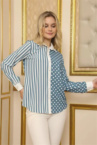 Çizgi Ve Puan Kombin Bluz 2001-İndigo