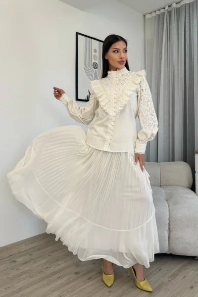 Dantel Detaylı Bluz Pliseli Şifon Etek İkili Takım 4706-Beyaz
