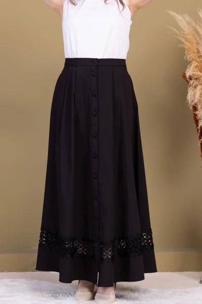 Dantel Detaylı Pileli Pamuk Etek 6025-Siyah