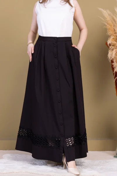 Dantel Detaylı Pileli Pamuk Etek 6025-Siyah