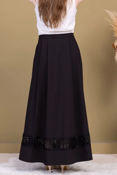 Dantel Detaylı Pileli Pamuk Etek 6025-Siyah