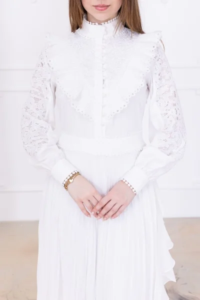 Dantel Detaylı Piliseli Elbise 2727-Beyaz