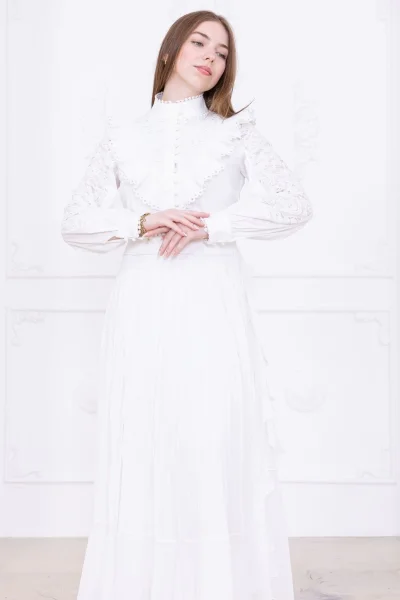 Dantel Detaylı Piliseli Elbise 2727-Beyaz