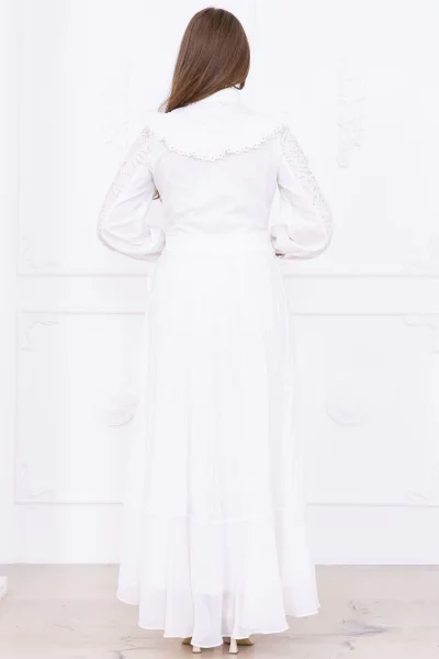 Dantel Detaylı Piliseli Elbise 2727-Beyaz