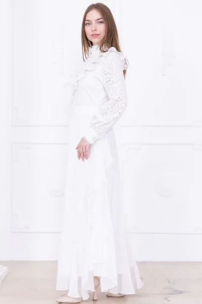 Dantel Detaylı Piliseli Elbise 2727-Beyaz