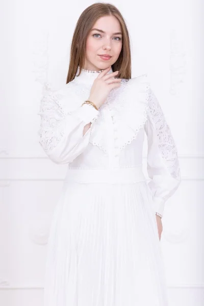 Dantel Detaylı Piliseli Elbise 2727-Beyaz