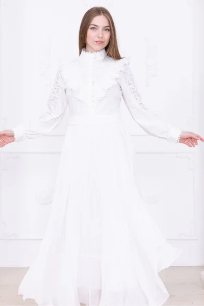 Dantel Detaylı Piliseli Elbise 2727-Beyaz