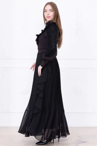Dantel Detaylı Piliseli Elbise 2727-Siyah
