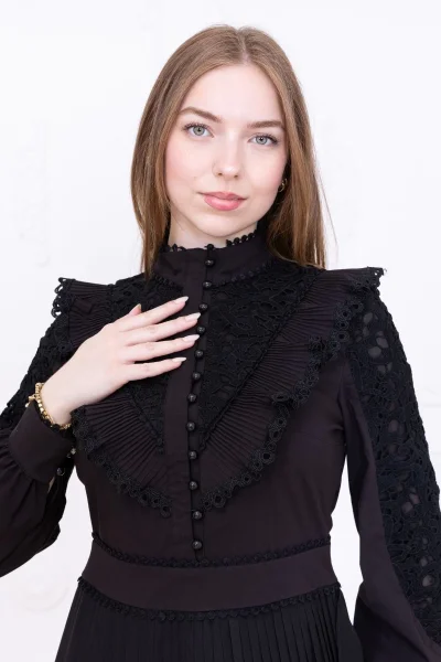 Dantel Detaylı Piliseli Elbise 2727-Siyah