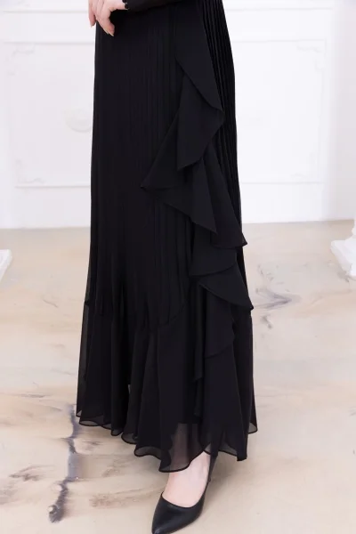 Dantel Detaylı Piliseli Elbise 2727-Siyah