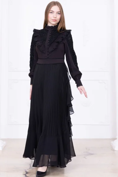 Dantel Detaylı Piliseli Elbise 2727-Siyah