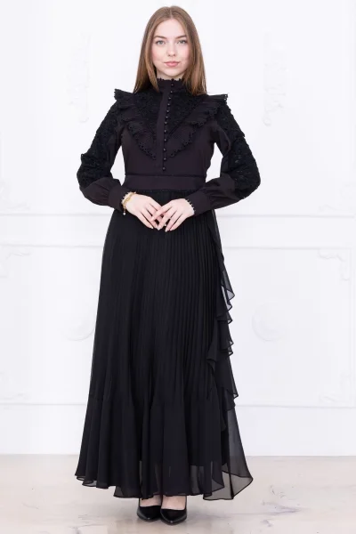Dantel Detaylı Piliseli Elbise 2727-Siyah