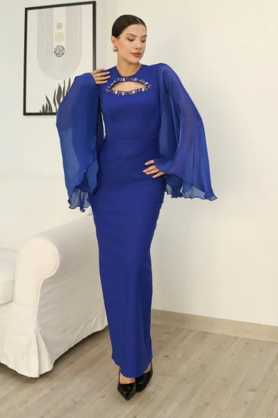 Dekoltesi İşlemeli Pelerinli Kol Abiye Elbise 2349-Saks