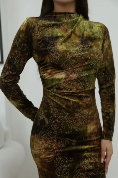 Desenli Büzgü Detaylı Premium Kadife Elbise 6063-Haki