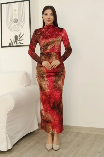 Desenli Büzgü Detaylı Premium Kadife Elbise 6063-Kırmızı