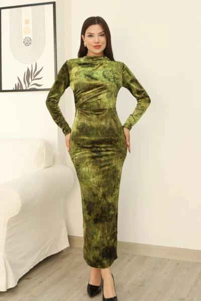 Desenli Büzgü Detaylı Premium Kadife Elbise 6063-Yeşil
