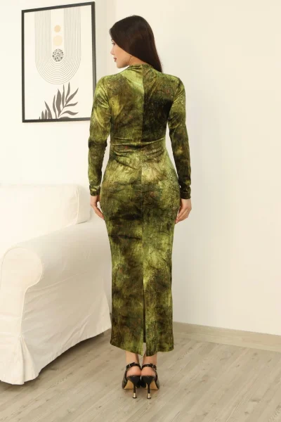 Desenli Büzgü Detaylı Premium Kadife Elbise 6063-Yeşil