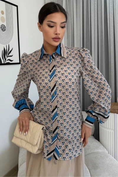 Desenli Gömlek Etek İkili Takım 4701-Bej