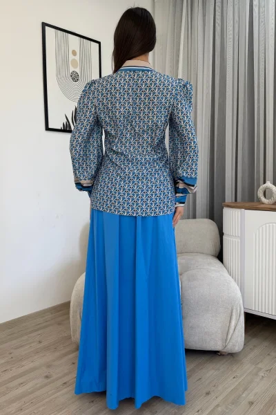 Desenli Gömlek Etek İkili Takım 4701-Mavi