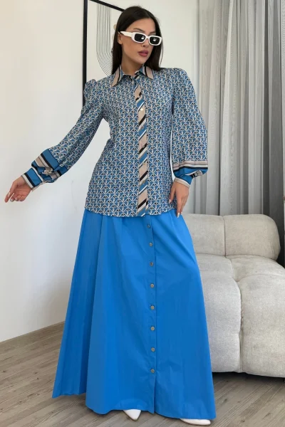Desenli Gömlek Etek İkili Takım 4701-Mavi