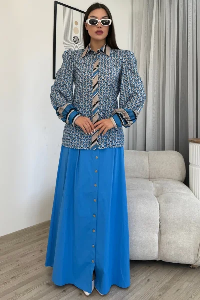 Desenli Gömlek Etek İkili Takım 4701-Mavi