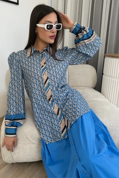 Desenli Gömlek Etek İkili Takım 4701-Mavi