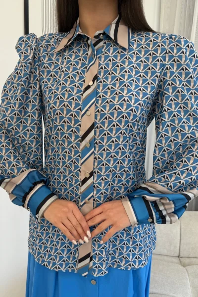 Desenli Gömlek Etek İkili Takım 4701-Mavi