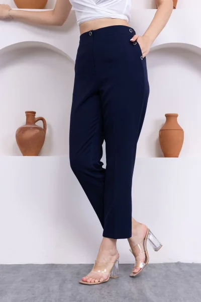 Düğme Detaylı Beli Lastikli Bilek Boy Pantolon 351-Lacivert