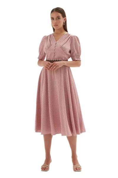 Düğme Detaylı Beli Lastikli Elbise 1777-Gül Kurusu