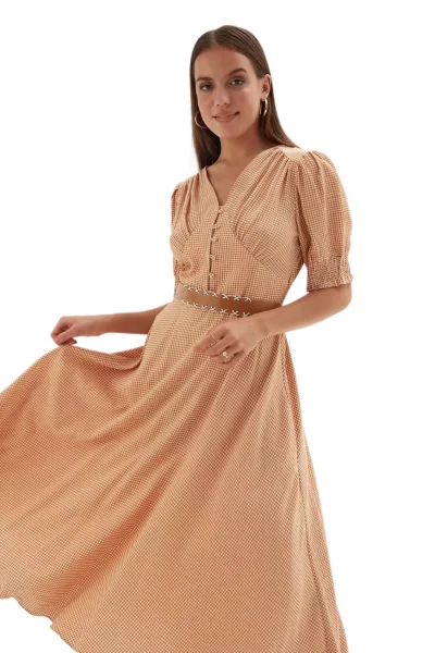 Düğme Detaylı Beli Lastikli Elbise 1777-Sarı